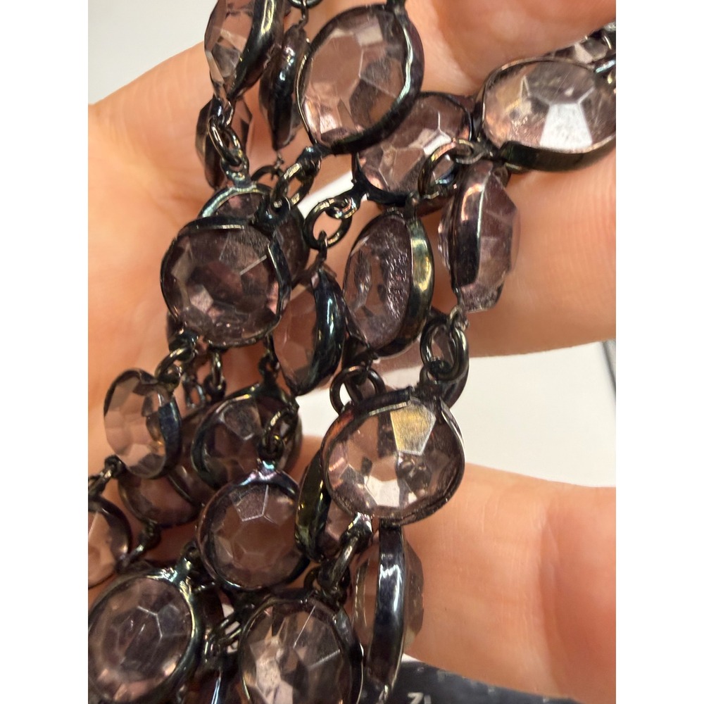 Gunmetal Lavender Crystal Station Necklace Long Bezel Set Faceted Stone Chain